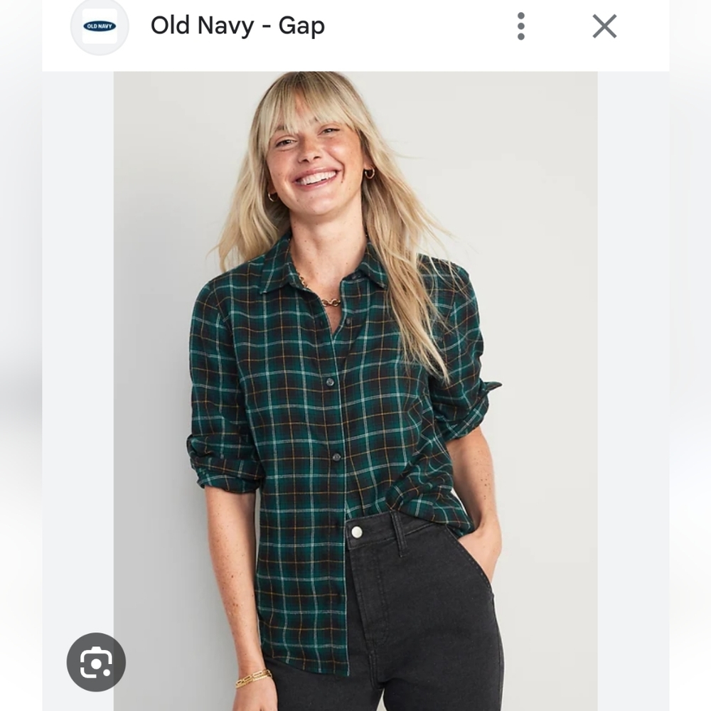 NWT Old Navy The Classic Shirt Navy and Green Plaid Long Sleeve Shirt Size Small